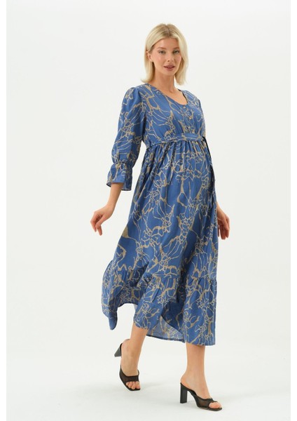 Hamile Bisiklet Yaka Desenli Uzun Elbise Mavi modelleri