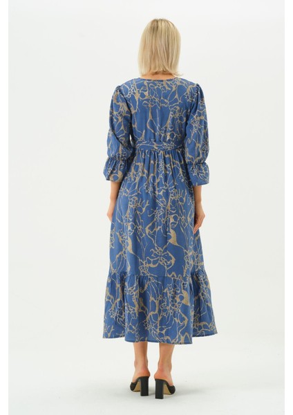 Hamile Bisiklet Yaka Desenli Uzun Elbise Mavi indirimleri