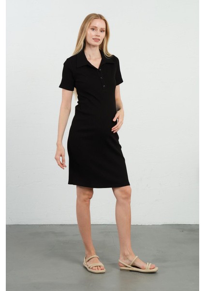 Hamile Polo Yaka Kısa Kollu Fitilli Ara Boy Elbise Siyah