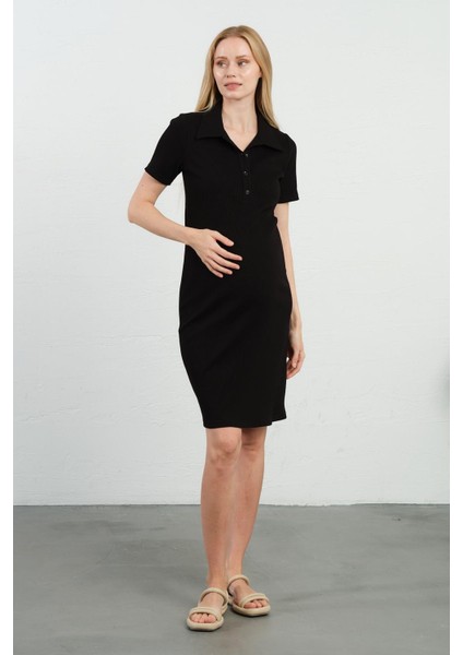 Hamile Polo Yaka Kısa Kollu Fitilli Ara Boy Elbise Siyah fiyatları