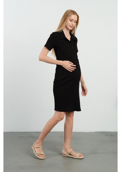 Hamile Polo Yaka Kısa Kollu Fitilli Ara Boy Elbise Siyah modelleri