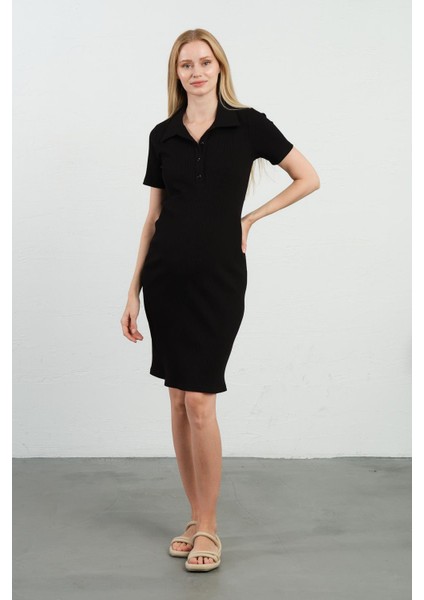 Hamile Polo Yaka Kısa Kollu Fitilli Ara Boy Elbise Siyah fırsatları