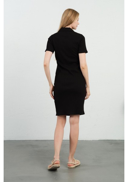 Hamile Polo Yaka Kısa Kollu Fitilli Ara Boy Elbise Siyah indirimleri