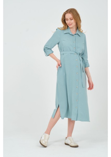 Hamile Gömlek Yaka Önden Cepli Midi Boy Elbise Turkuaz fiyatları