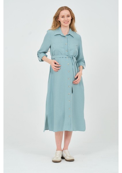 Hamile Gömlek Yaka Önden Cepli Midi Boy Elbise Turkuaz modelleri