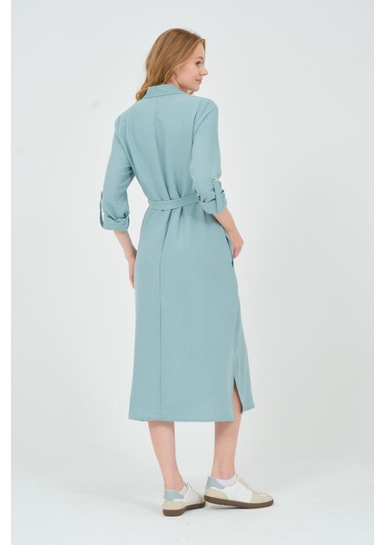 Hamile Gömlek Yaka Önden Cepli Midi Boy Elbise Turkuaz indirimleri