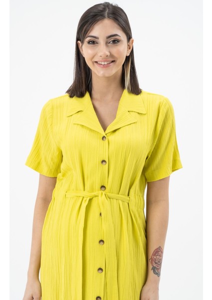 Hamile Bürümcük Kumaş Kısa Kollu Kemerli Elbise Limon Yeşili