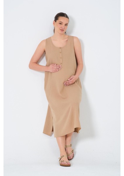 Hamile Sıfır Kollu Yandan Yırtmaçlı Midi Boy Elbise Açık Kahve