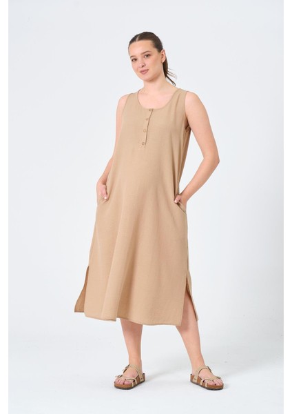 Hamile Sıfır Kollu Yandan Yırtmaçlı Midi Boy Elbise Açık Kahve fiyatları