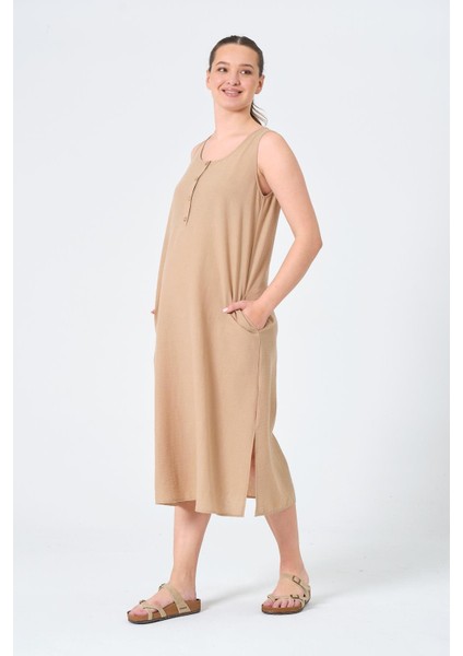 Hamile Sıfır Kollu Yandan Yırtmaçlı Midi Boy Elbise Açık Kahve fırsatları
