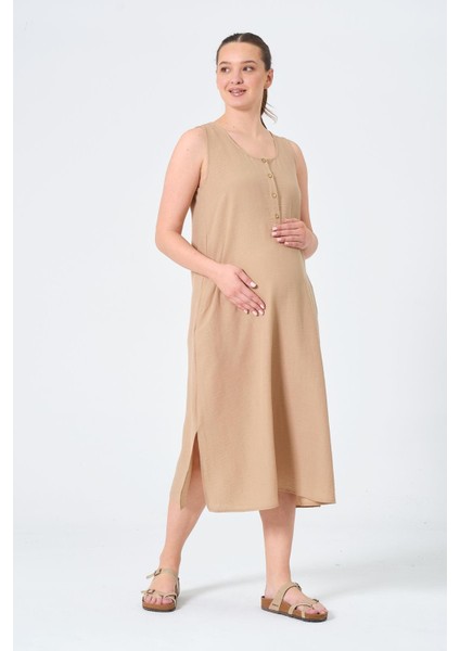 Hamile Sıfır Kollu Yandan Yırtmaçlı Midi Boy Elbise Açık Kahve indirimleri