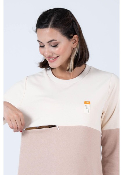Hamile Blok Renk Sweat Elbise Bej modelleri