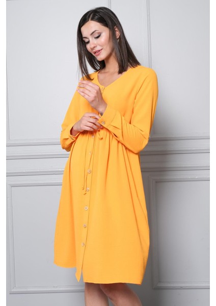 Hamile Önden Düğmeli ve Bağcıklı Uzun Kollu Viskon Elbise Mango