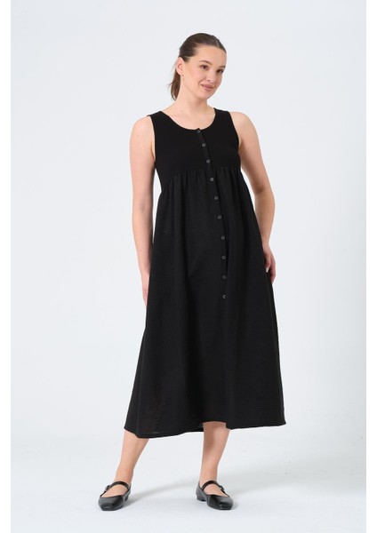 Hamile Sıfır Kol Yandan Cepli Midi Boy Keten Elbise Siyah modelleri