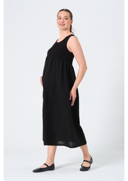 Hamile Sıfır Kol Yandan Cepli Midi Boy Keten Elbise Siyah fırsatları
