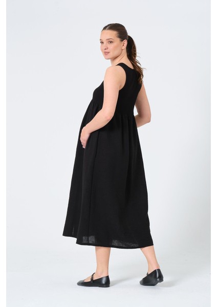 Hamile Sıfır Kol Yandan Cepli Midi Boy Keten Elbise Siyah indirimleri