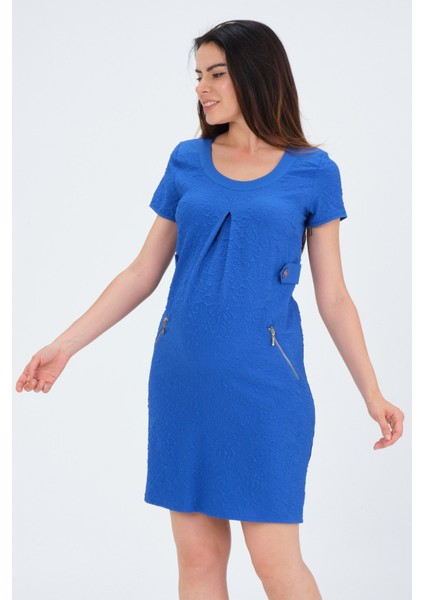 Hamile Günlük Elbise Fermuar Cepli Saks