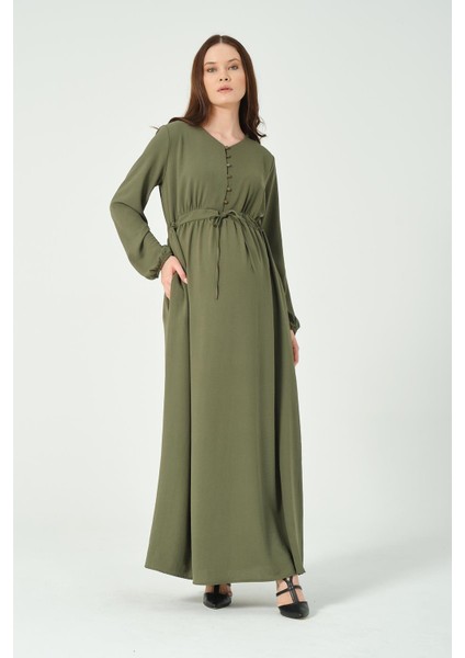 Hamile Beli Bağcıklı Uzun Kollu Maxi Boy V Yaka Tesettür Elbise Haki fiyatları