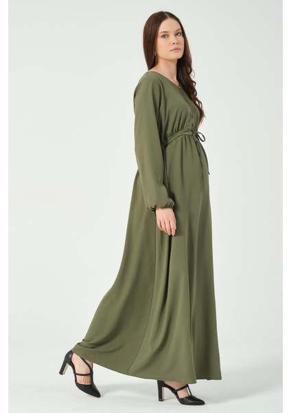 Hamile Beli Bağcıklı Uzun Kollu Maxi Boy V Yaka Tesettür Elbise Haki modelleri