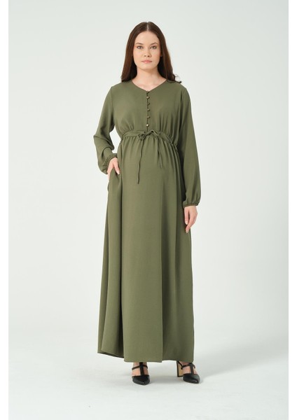 Hamile Beli Bağcıklı Uzun Kollu Maxi Boy V Yaka Tesettür Elbise Haki fırsatları