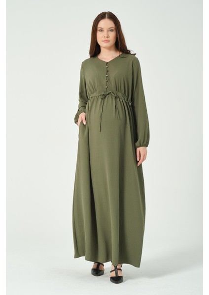 Hamile Beli Bağcıklı Uzun Kollu Maxi Boy V Yaka Tesettür Elbise Haki indirimleri