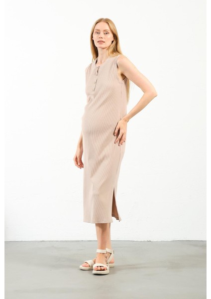 Hamile Midi Boy Yandan Yırtmaçlı Sıfır Kol Fitilli Elbise Bej