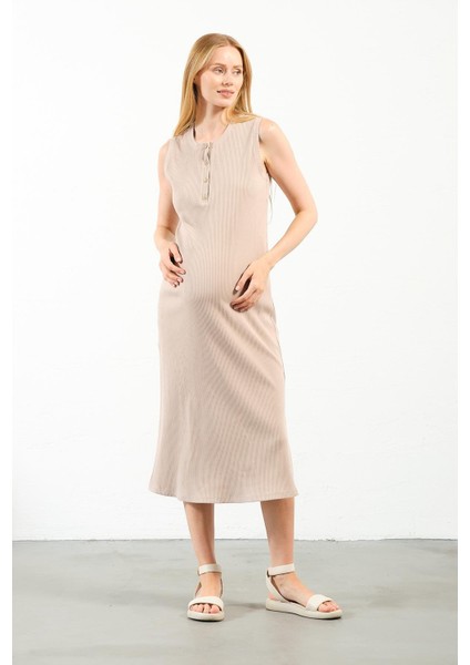 Hamile Midi Boy Yandan Yırtmaçlı Sıfır Kol Fitilli Elbise Bej fiyatları