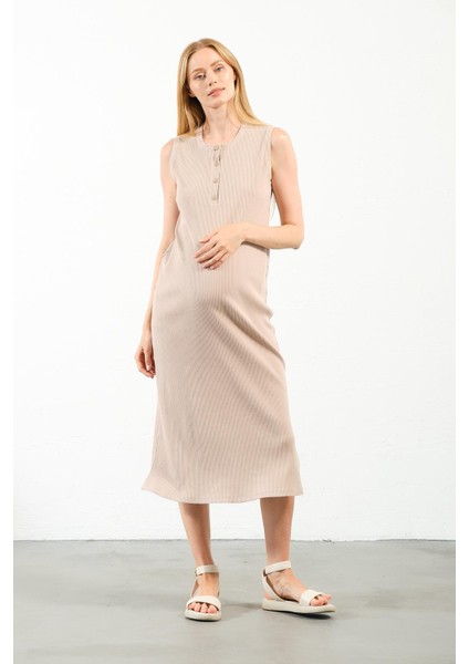 Hamile Midi Boy Yandan Yırtmaçlı Sıfır Kol Fitilli Elbise Bej modelleri