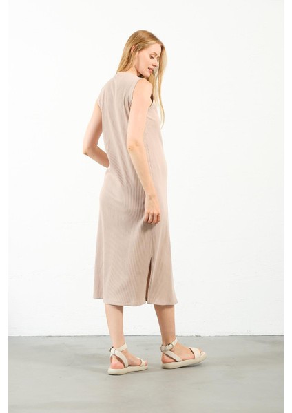 Hamile Midi Boy Yandan Yırtmaçlı Sıfır Kol Fitilli Elbise Bej fırsatları