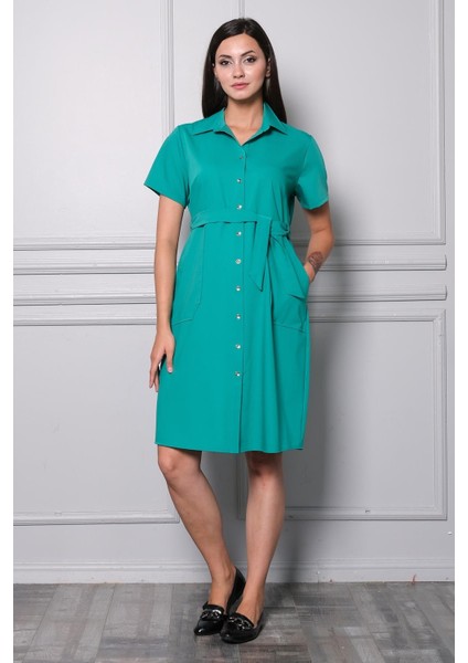 Hamile Önden Düğmeli Cepli Günlük Elbise Yeşil