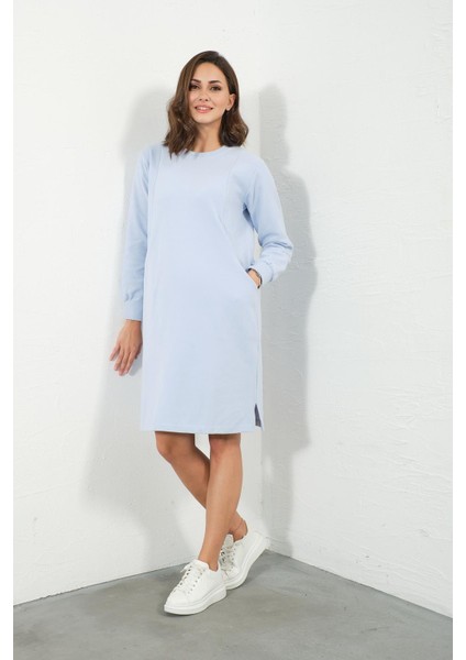 Hamile Emzirme Detaylı Cepli Yumuşak Dokulu Selanik Regular Fit Elbise Açık Mavi