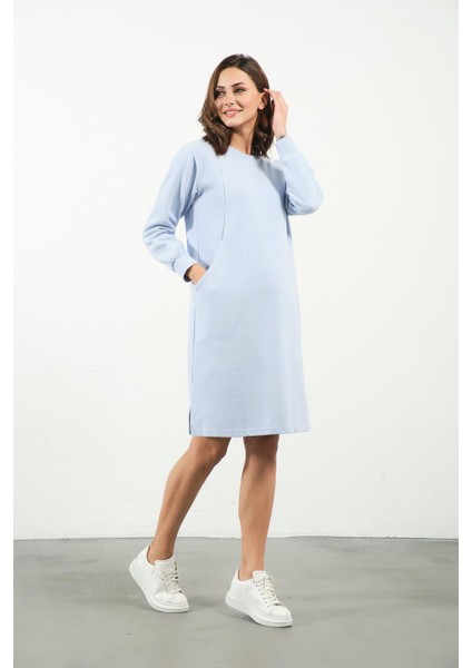 Hamile Emzirme Detaylı Cepli Yumuşak Dokulu Selanik Regular Fit Elbise Açık Mavi modelleri
