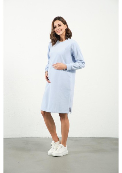 Hamile Emzirme Detaylı Cepli Yumuşak Dokulu Selanik Regular Fit Elbise Açık Mavi fırsatları