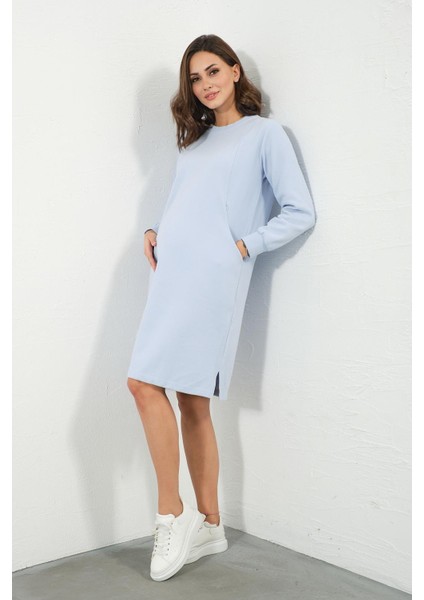 Hamile Emzirme Detaylı Cepli Yumuşak Dokulu Selanik Regular Fit Elbise Açık Mavi indirimleri
