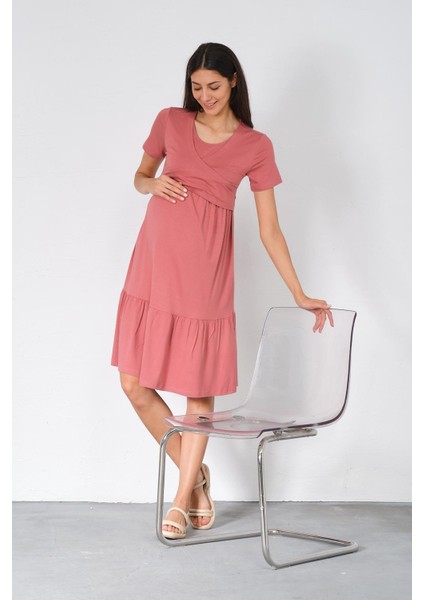 Hamile Emzirme Detaylı Kısa Kollu Penye Elbise Gül Kurusu