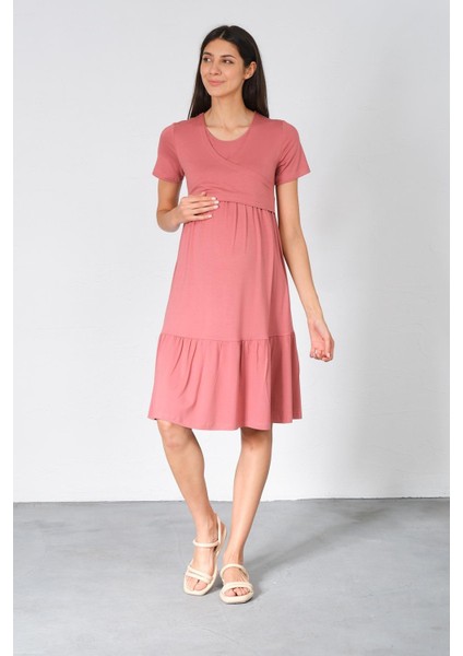 Hamile Emzirme Detaylı Kısa Kollu Penye Elbise Gül Kurusu fiyatları