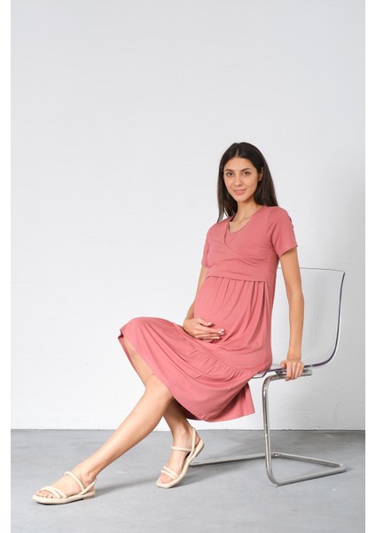Hamile Emzirme Detaylı Kısa Kollu Penye Elbise Gül Kurusu modelleri