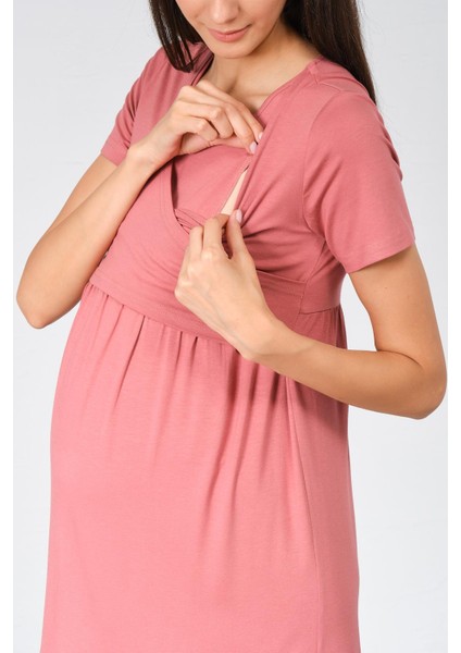 Hamile Emzirme Detaylı Kısa Kollu Penye Elbise Gül Kurusu fırsatları