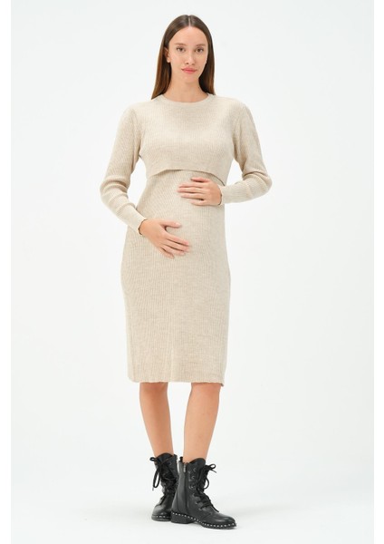 Hamile Midi Boy Emzirme Detaylı Triko Elbise Bej