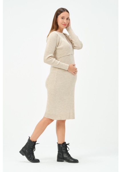 Hamile Midi Boy Emzirme Detaylı Triko Elbise Bej fiyatları