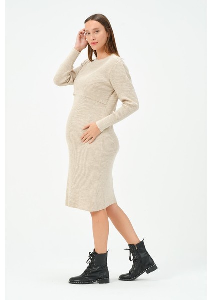 Hamile Midi Boy Emzirme Detaylı Triko Elbise Bej modelleri