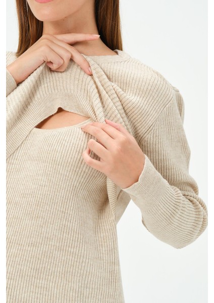 Hamile Midi Boy Emzirme Detaylı Triko Elbise Bej fırsatları