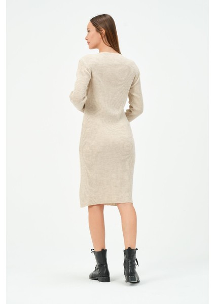 Hamile Midi Boy Emzirme Detaylı Triko Elbise Bej indirimleri