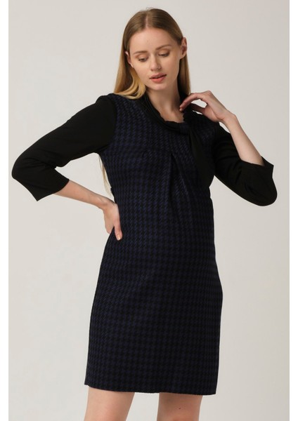 Hamile Desenli Arkadan Bağcıklı Mini Elbise Lacivert