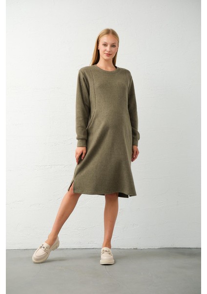 Hamile Yandan Cepli Emzirme Detaylı Midi Boy Triko Elbise Haki