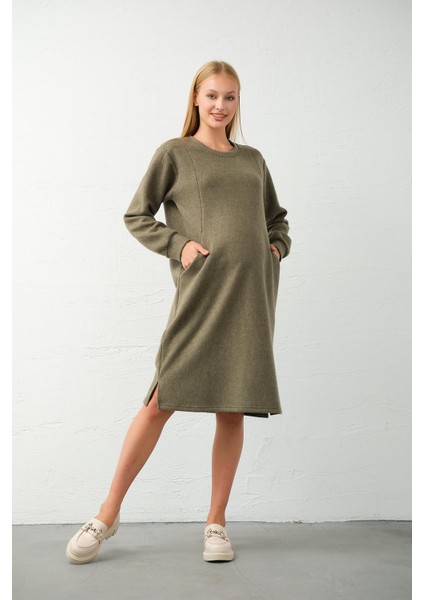 Hamile Yandan Cepli Emzirme Detaylı Midi Boy Triko Elbise Haki modelleri