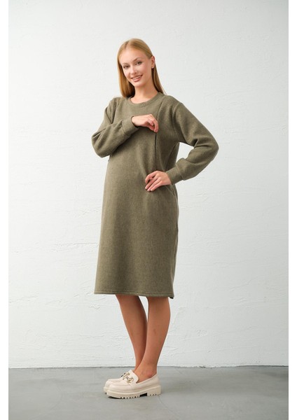 Hamile Yandan Cepli Emzirme Detaylı Midi Boy Triko Elbise Haki fırsatları