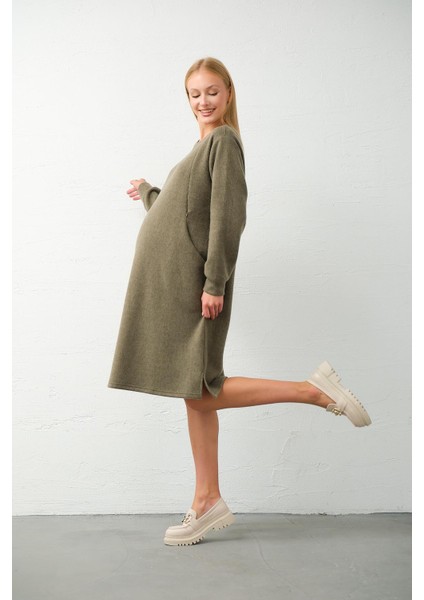 Hamile Yandan Cepli Emzirme Detaylı Midi Boy Triko Elbise Haki indirimleri