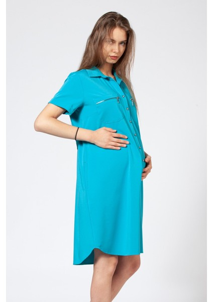 Hamile Önden Düğmeli Elbise Turkuaz fiyatları