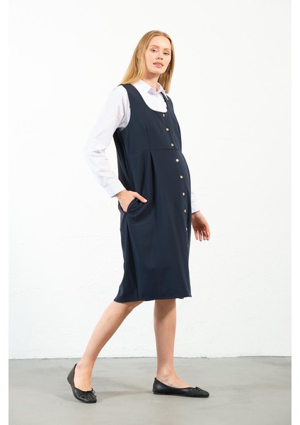 Hamile Sıfır Kol Önden Düğmeli Jile Elbise Lacivert indirimleri
